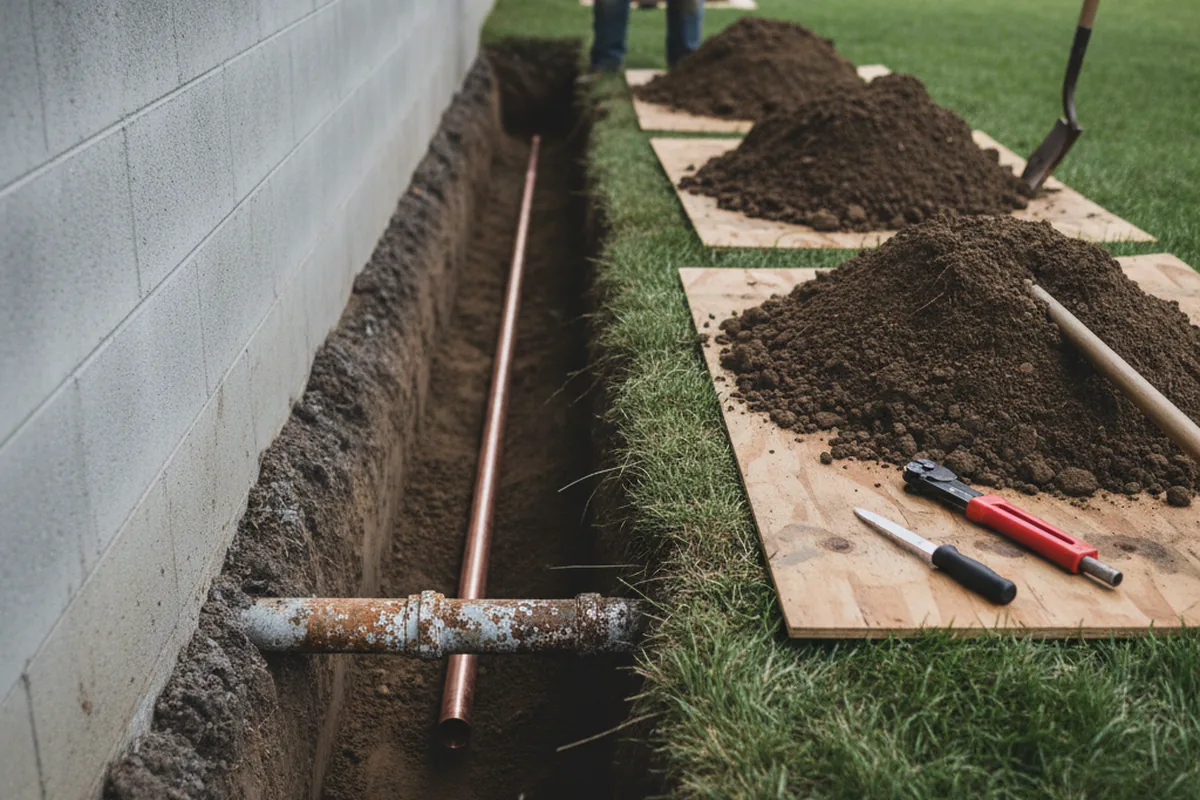 Excavated water line trench during Sewer Line Repair in Fredonia